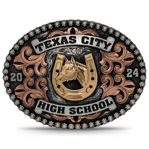 A custom belt buckle for men with personalized lettering for Texas City High School featuring a horse head in a horseshoe figure 